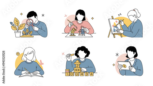 Creative Pursuit Collection: Engaging collection of people engrossed in various hobbies, including sketching, building with blocks, and crafting, with each activity reflecting passion and leisure