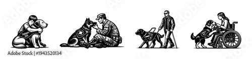 Black and white vector illustrations of service dogs assisting people with disabilities