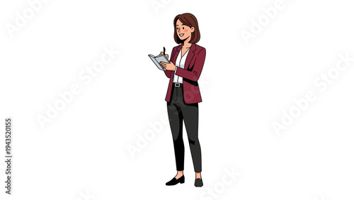 Woman Taking Notes: A professional woman stands gracefully, diligently taking notes in a notebook, embodying focus and dedication. Capturing an image of focused work.