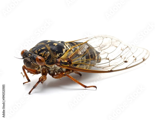 A side view of a large, brown and black insect with transparent wings, resting on a stark white background