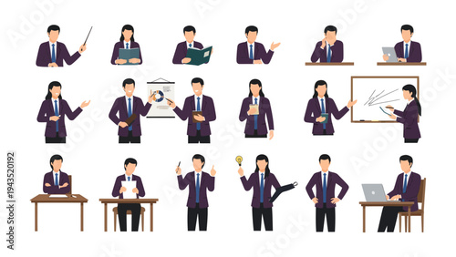 Business Professionals in Action: A collection of business professionals in a variety of poses, highlighting different roles and tasks within a workplace environment.