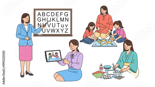 Educational Moments: A collection of educational moments capturing scenes of a teacher guiding students in the art of learning, with varied activities of teaching and nurturing.