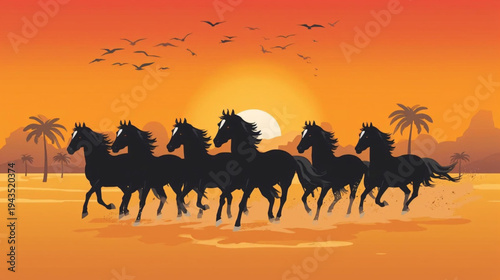 A majestic herd of black horses galloping across a golden desert at sunset vector illustration background
