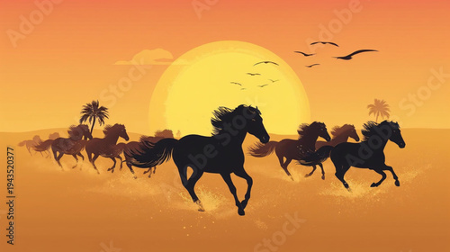 A majestic herd of black horses galloping across a golden desert at sunset vector illustration background