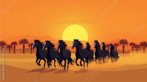A majestic herd of black horses galloping across a golden desert at sunset vector illustration background