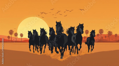 A majestic herd of black horses galloping across a golden desert at sunset vector illustration background