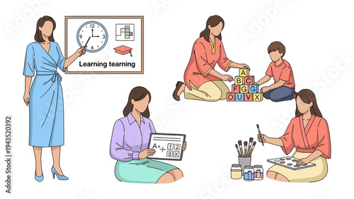 Diverse Educators: Illustration of educators engaged in various teaching activities, fostering knowledge, creativity, and the joy of learning.