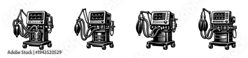 Vintage medical ventilator machines black and white illustration set