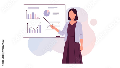Data Presentation and Guidance: A business woman, expertly presenting insightful graphs on a whiteboard, exemplifies her commitment to conveying clear business goals and objectives.