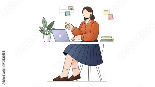Woman at Desk with Laptop: A focused woman works diligently at her desk, utilizing a laptop and engaging with the tools of her workspace. Depicting a scene of productivity, ambition.