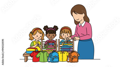 Learning Together: A group of diverse children engages in an educational activity with their teacher, surrounded by colorful backpacks, clothes, and an abacus. 