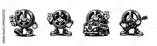 Retro cartoon peace symbols with humanized characters in black and white vector illustration