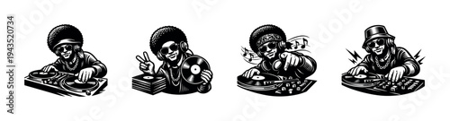 Set of dj illustrations featuring stylized figures in black and white silhouette style