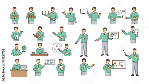 Knowledgeable Presentation: A collection of illustrations showcasing a man, a symbol of expertise, delivering information, sharing ideas, and conveying knowledge in various presentations