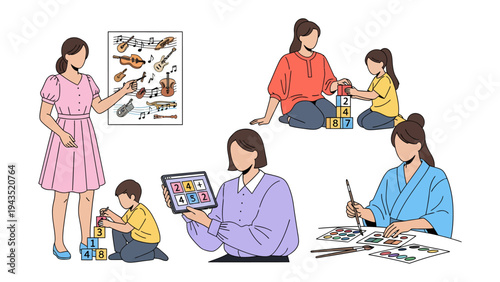 Nurturing Minds and Creativity:  A collection of artistic illustrations captures the essence of early education and parental engagement.