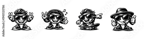 Cool cartoon characters set in vector style with sunglasses and accessories