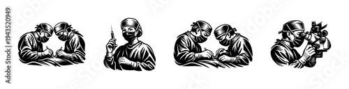 Medical practitioner illustrations featuring surgery injection and microscope in black and white