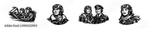 Vintage aviation illustration set with pilots in uniform and airplane cockpit