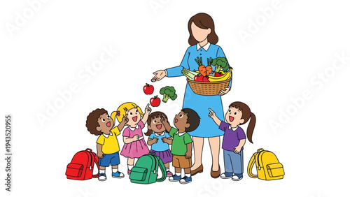 Healthy Learning: A nurturing educator sharing the benefits of fresh produce with enthusiastic children in a vibrant learning environment.