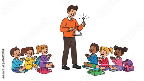Musical Moments: Teacher shares his passion to music to cheerful pupils in a vibrant classroom, filled with laughter and curiosity.