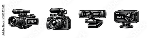Vector illustration set of live streaming cameras and equipment in black and white