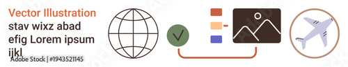 Digital communication, global travel, content sharing, online collaboration, multimedia, technology. Icons of a globe, images a plane and checkmark connectivity. Digital communication and global