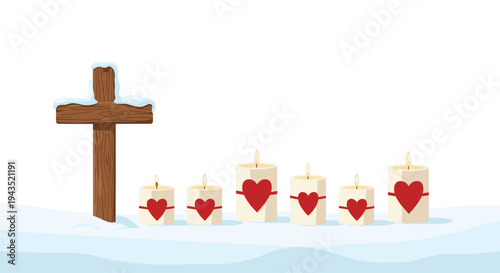 A rustic wooden cross, partially covered in snow, stands in a winter landscape next to six lit candles adorned with red hearts.