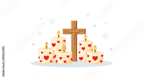 A wooden Christian cross stands centrally, surrounded by five lit cream-colored candles adorned with red heart patterns, with scattered white snowflakes.