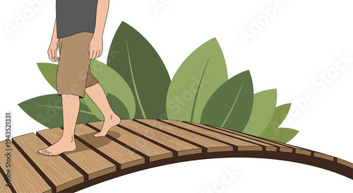A person walks barefoot on a curved wooden bridge, with large green leaves arching behind them against a plain white background.