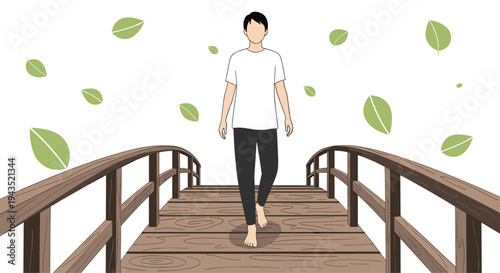 A barefoot man in a white t-shirt and dark pants walks forward on a rustic wooden bridge, with several green leaves floating in the clean white background.