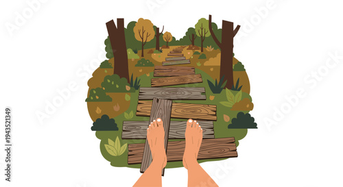 A pair of bare feet stands on an irregular wooden plank path, surrounded by a stylized forest floor with trees and autumnal foliage.