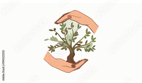 Hands protecting olive tree vector concept of peace nature conservation and environmental sustainability isolated on white background