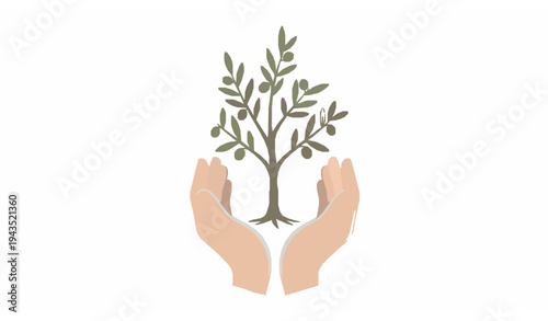 Minimal olive tree growing in hands vector illustration for eco care peace and sustainable environment concept