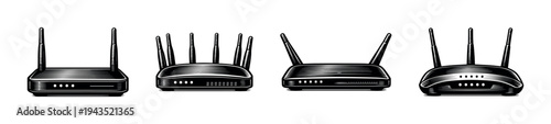 Black and white vector illustration of wireless routers silhouette set