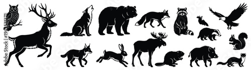 Wild Animal Silhouette Collection Featuring Deer Bear Wolf Fox Owl Moose Eagle and Raccoon for Forest Wildlife Nature Conservation and Outdoor Design