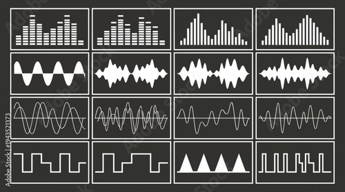 Collection of Diverse Audio Waveform Visualizations and Sound Equalizer Displays.