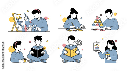 Diverse Leisure Pursuits: A collection of individuals immersed in a variety of hobbies, from painting to reading, crafting a tapestry of leisure and personal expression.