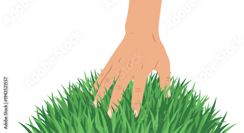 A pixel art illustration shows a human hand with light skin gently touching a dense, vibrant patch of green grass against a plain white background.