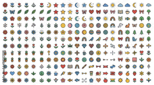 Collection of Diverse Icons and Symbols for Various Themes.