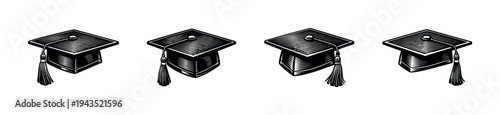 Black and white vector illustration of graduation caps silhouette in row