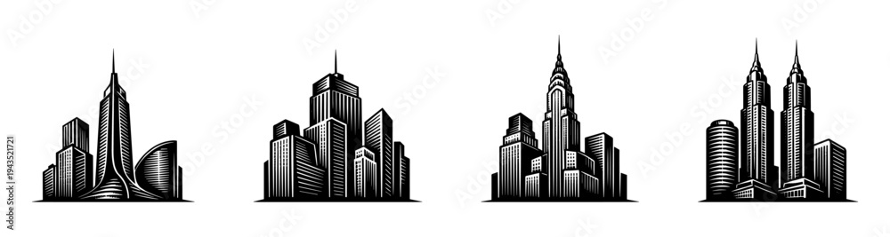 Fototapeta premium Modern city skyline illustrations, black and white vector buildings, architectural silhouettes set