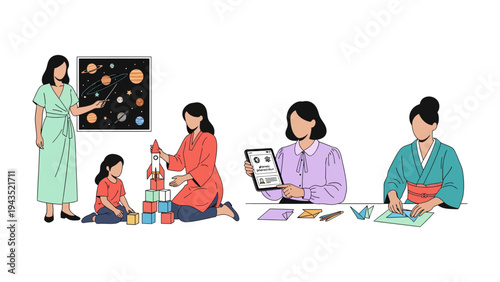 Empowering Education: A compilation of educators sharing knowledge and stimulating creativity within the classroom setting. This illustration shows a variety of learning styles.