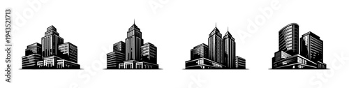 Vector silhouette of modern cityscape with skyscrapers and buildings set