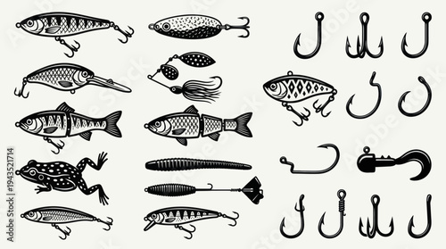Collection of Fishing Lures and Hooks Detailed Illustrations.
