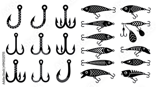 Collection of Fishing Hooks and Lures Vector Illustration.