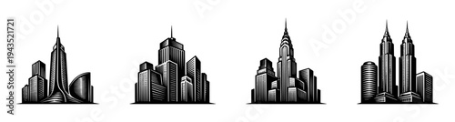 Modern city skyline illustrations, black and white vector buildings, architectural silhouettes set