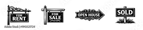 Real estate sign set vector, for sale, sold, open house, for rent illustrations