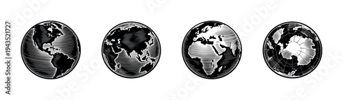Vintage globe illustrations featuring different hemispheres in black and white vector style