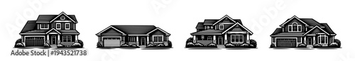 Set of black and white vector suburban house illustrations in silhouette style