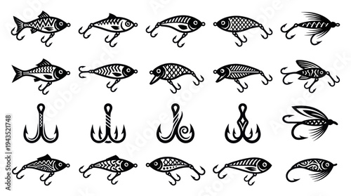 Collection of Fishing Lures and Hooks Vector Illustrations.